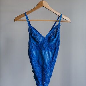 Elegant Blue Lace Bodysuit w/ Sheer Cover